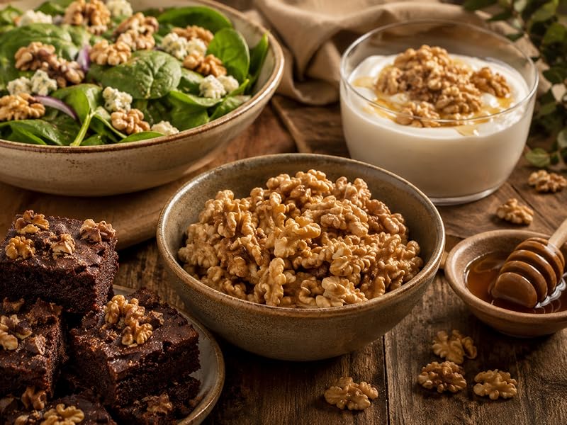 Ensalada, yogur con miel, brownies y porridge con nueces peladas sobre mesa de madera