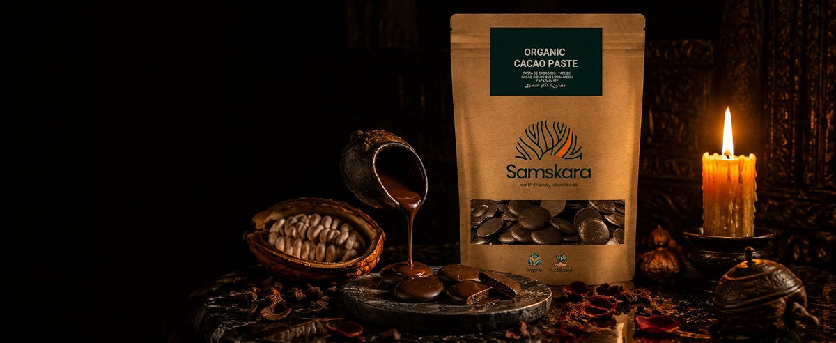 Pasta de cacao ecológica 100 % pura en botones, grano entero molido en piedra, Samskara