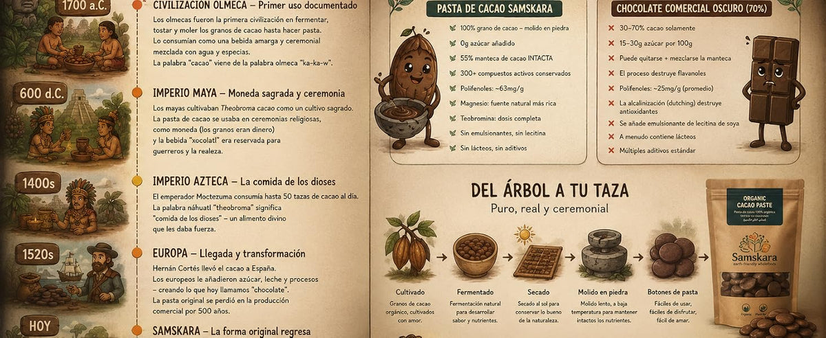 Infografía: historia del cacao de la civilización olmeca a hoy, comparativa entre la pasta de cacao Samskara y el chocolate comercial, y proceso del árbol a la taza