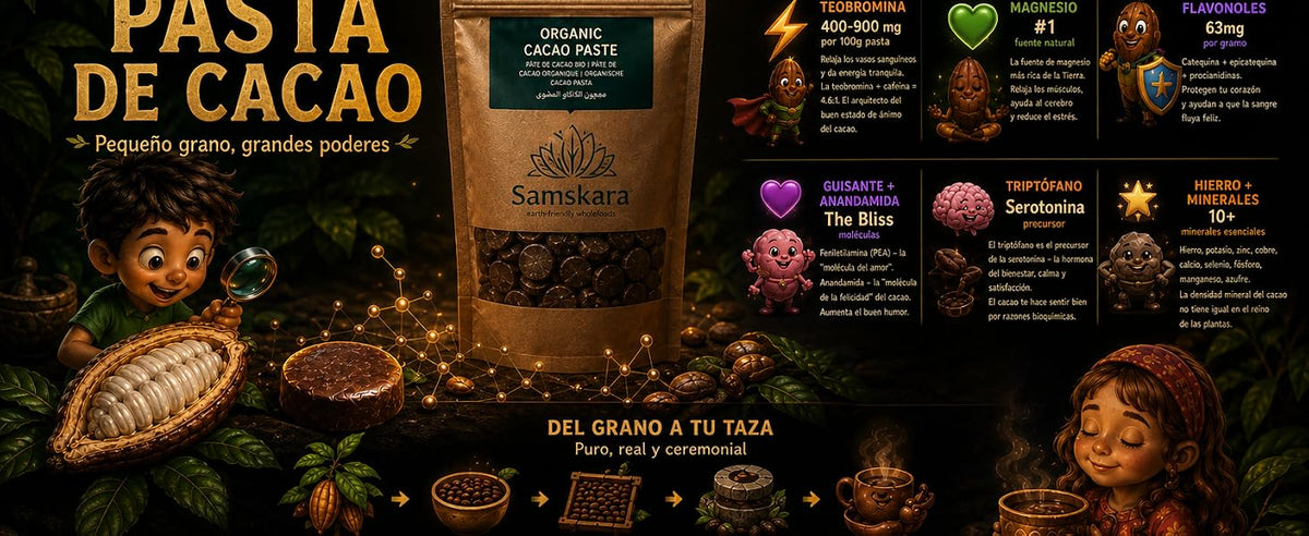 Infografía de la pasta de cacao Samskara: teobromina, magnesio, flavonoles, feniletilamina, triptófano y hierro, del grano a tu taza