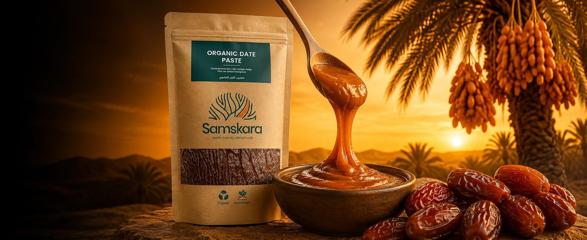 Pasta de dátiles BIO 100 % natural Samskara, edulcorante de fruta entera