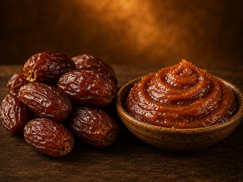 Dátiles enteros y un cuenco de pasta de dátiles, fruta entera triturada