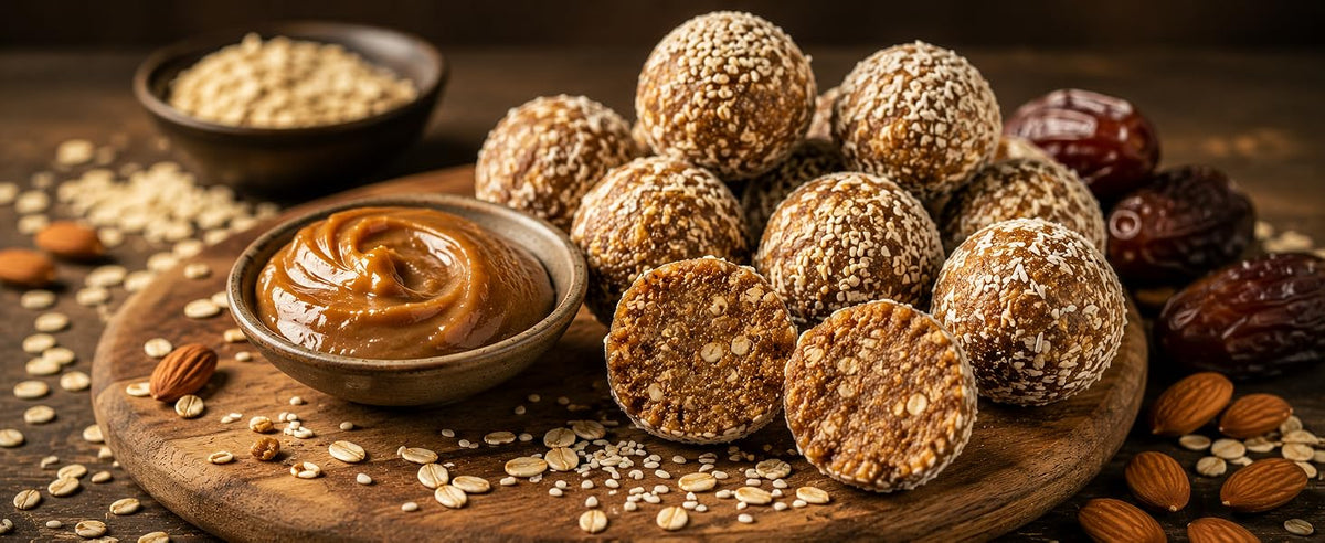 Energy balls proteicas de proteína de arroz, pasta de dátil, avena y sésamo