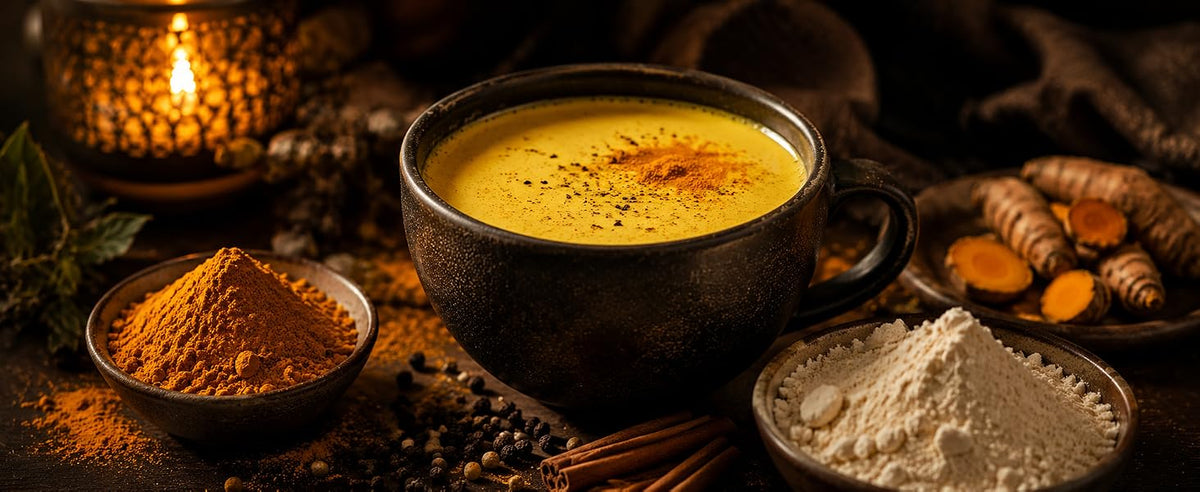 Golden milk con cúrtuma y proteína de arroz en leche de avena caliente
