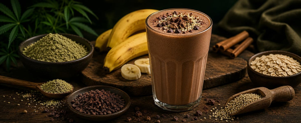 Smoothie de cacao con proteína de cáñamo, plátano y leche vegetal