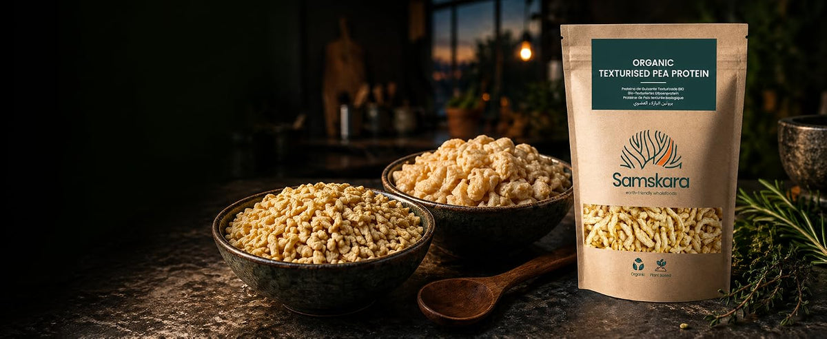 Bolsa de proteína de guisante texturizada ecológica Samskara, carne vegetal de origen UE sin soja