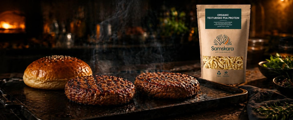 Hamburguesa vegetal alta en proteína elaborada con proteína de guisante texturizada