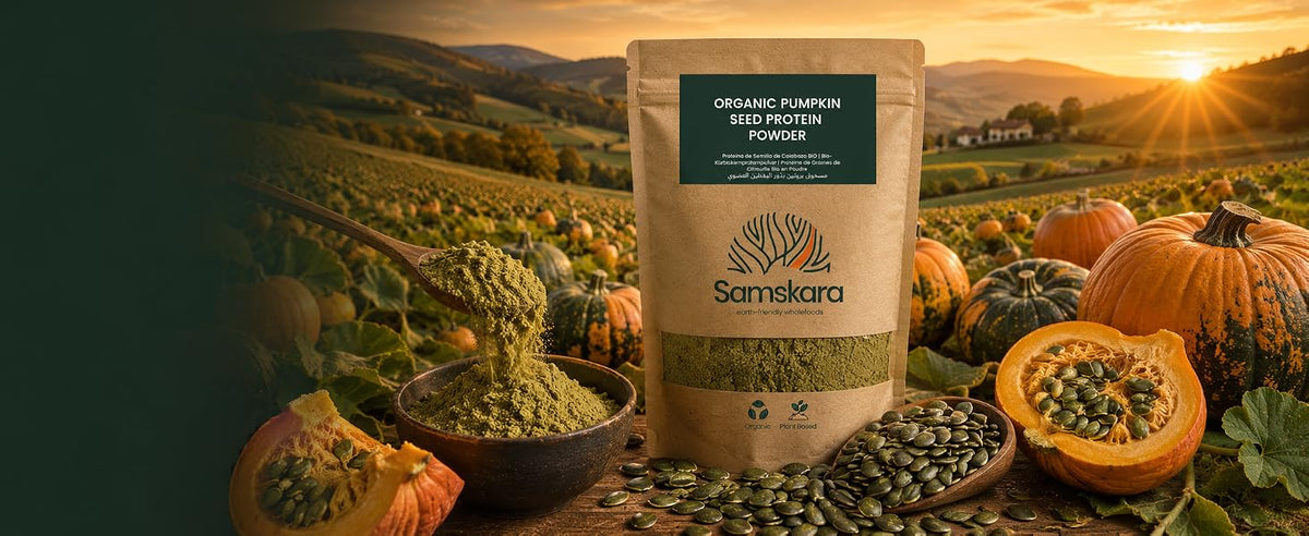 Bolsa de proteína de pepita de calabaza ecológica de Estiria (Austria) Samskara, el oro verde de Austria