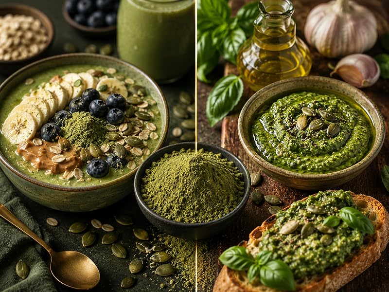 Proteína de pepita de calabaza de sabor a nuez para smoothies, porridge, repostería, pesto y sopas