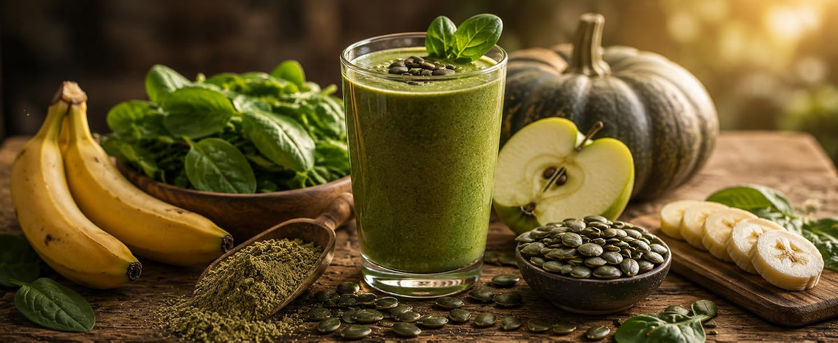 Smoothie post-entreno con proteína de pepita de calabaza, plátano y espinaca