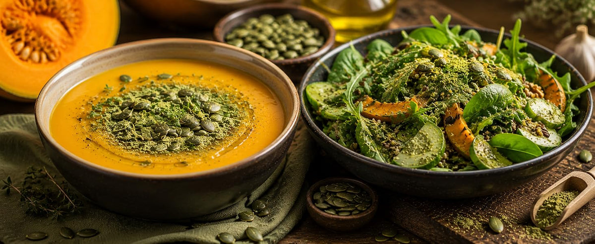 Sopa de calabaza con proteína de pepita de calabaza espolvoreada como topping