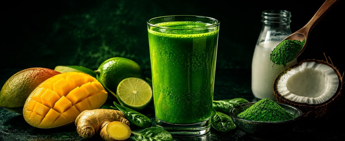 Batido verde de espirulina con mango, plátano y limón servido en un vaso