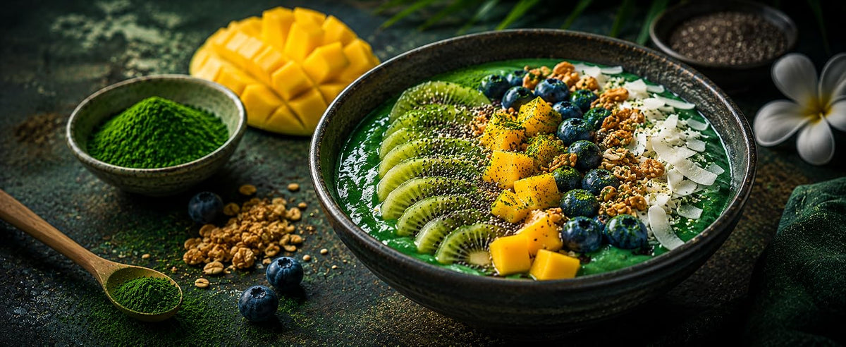 Breakfast bowl con espirulina, açaí, kiwi, mango y arándanos
