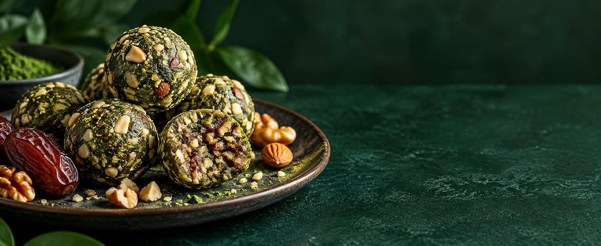 Bolitas verdes de chlorella, dátiles y frutos secos sin horno