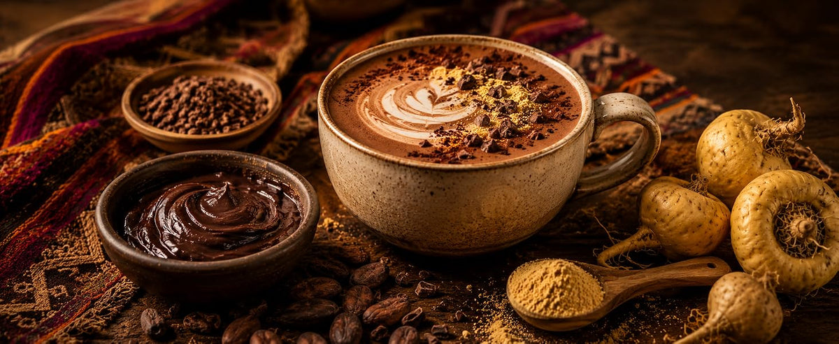 Latte de cacao y maca con leche de avena templada, combinación andina clásica