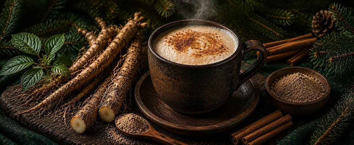 Latte caliente y cremoso con ginseng siberiano, canela y miel, sin cafeína