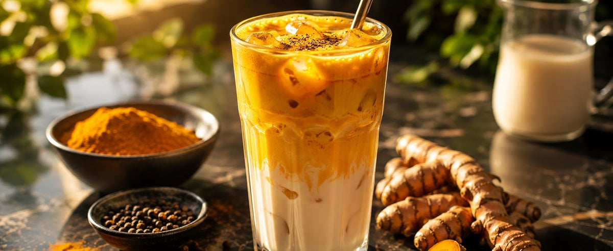 Receta de latte helado de cúrcuma con pimienta, miel y leche de avena fría