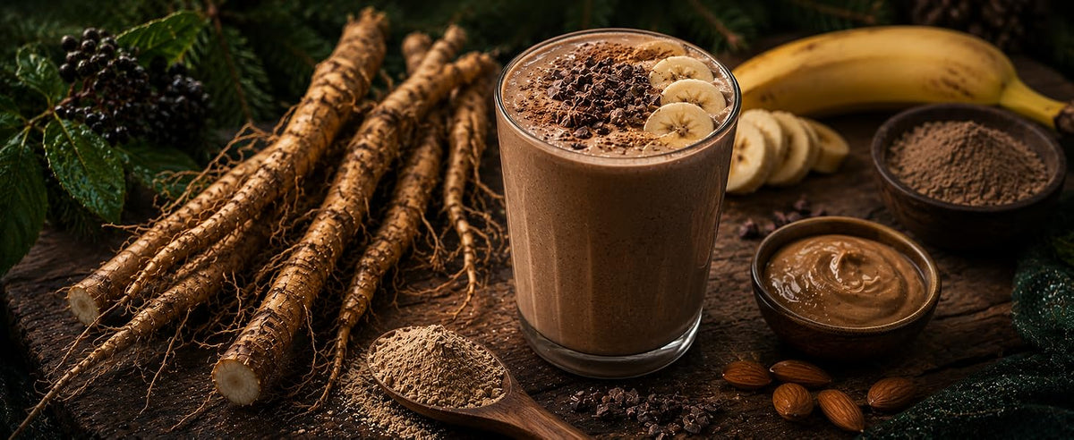 Smoothie de ginseng siberiano en polvo con plátano, cacao y bebida vegetal