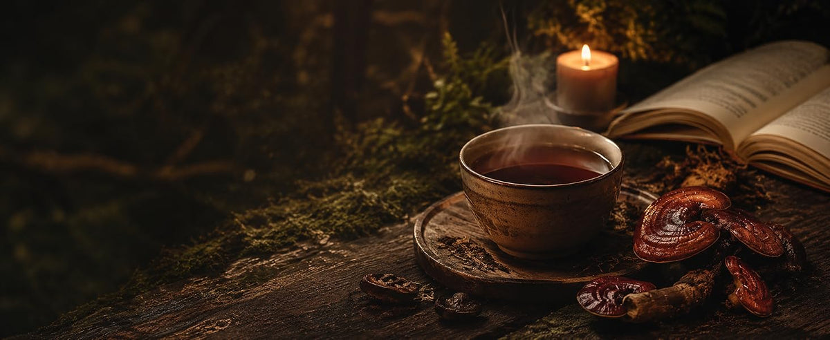 Taza de té de reishi con miel junto a un libro y una vela, ritual de tarde-noche