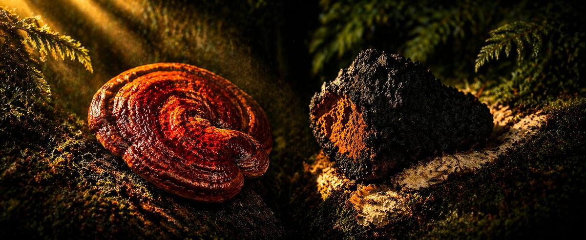 Seta reishi roja y hongo chaga negro sobre musgo en un bosque iluminado por el sol