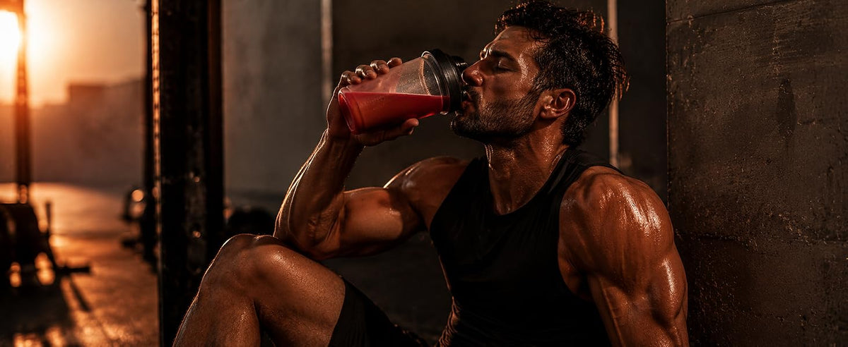 Deportista con un batido post-entreno de remolacha en polvo, fruta y proteína