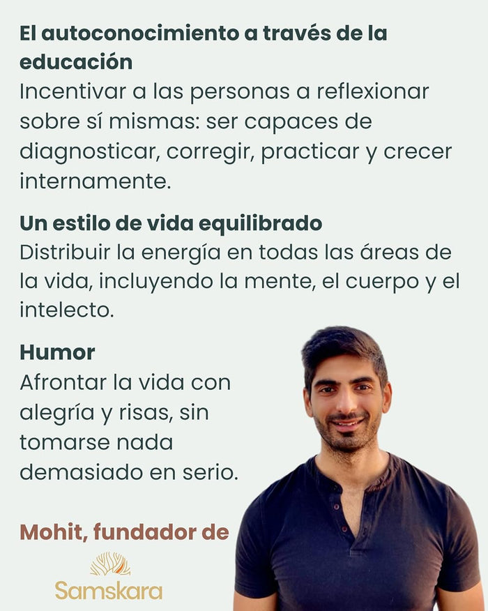 Mohit, fundador de Samskara, con los valores de la marca: autoconocimiento, estilo de vida equilibrado y humor