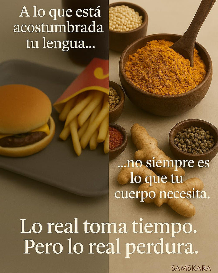 Lo real toma tiempo: especias y frutos secos frente a comida rápida, ingredientes crudos y reales