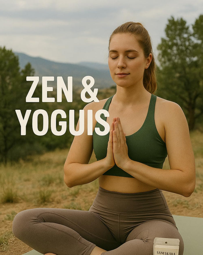 Zen y yoguis: mujer meditando en postura de yoga con paisaje de montaña al fondo