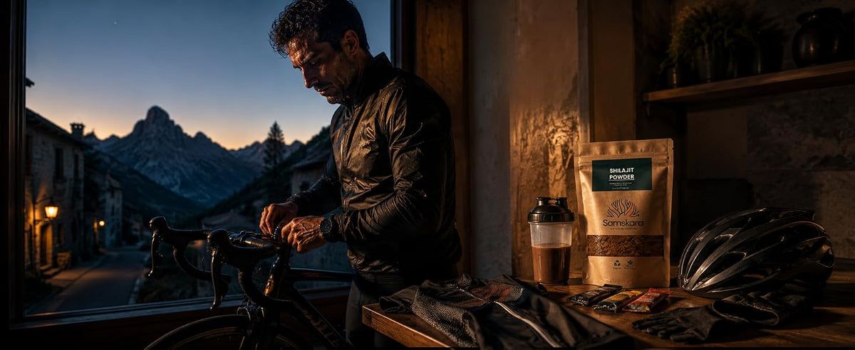 Ciclista preparando su equipo al amanecer junto a una bolsa de shilajit en polvo y un vaso de agua