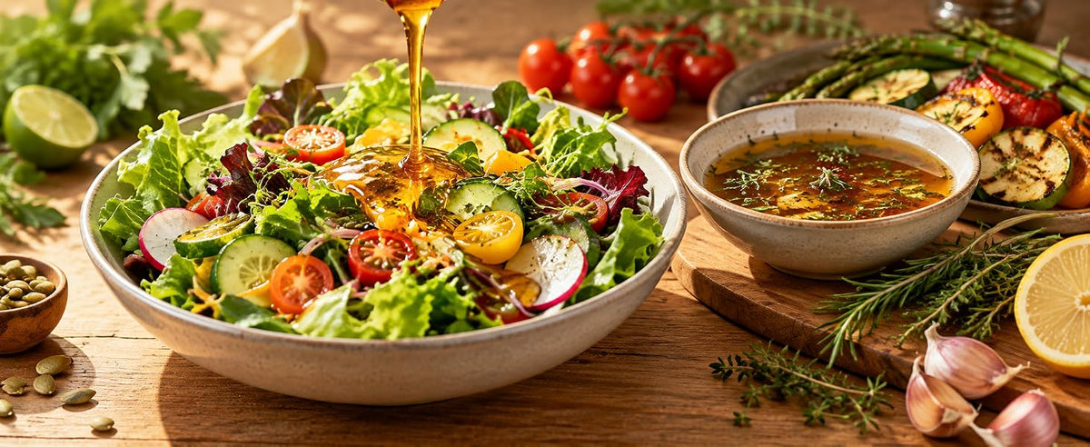 Ensalada con aliño y marinado endulzado con sirope de néctar de coco