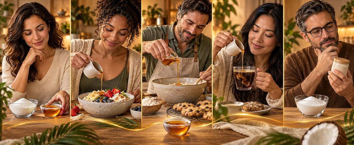 Personas compartiendo comidas al aire libre endulzadas con sirope de néctar de coco