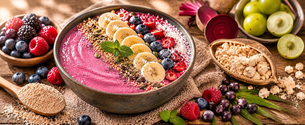 Smoothie bowl rosa con plátano, granola, frutos rojos y polvo de superfrutos