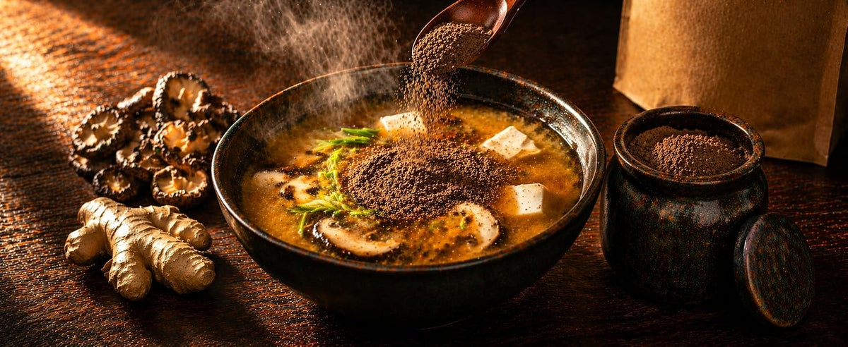Sopa de miso con tofu y shiitake espolvoreada con polvo de setas, junto a jengibre y bolsa Samskara
