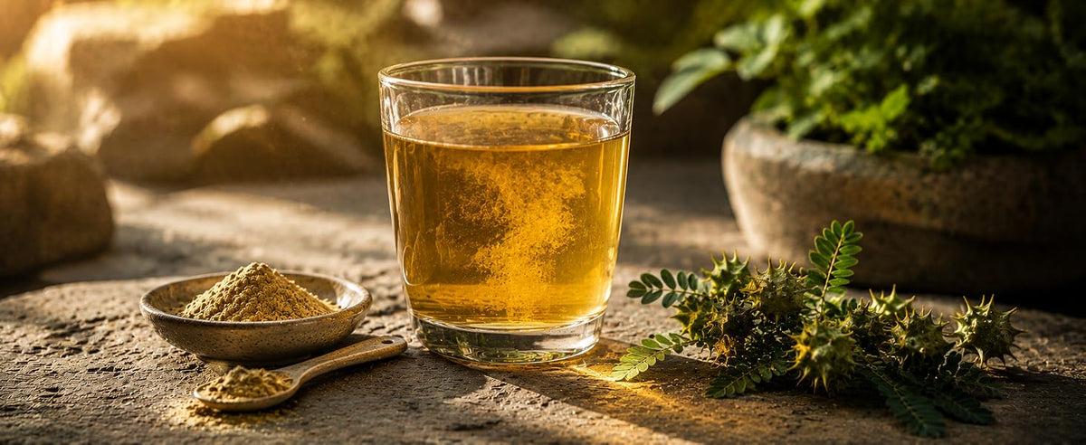 Una cucharadita de tribulus en polvo en agua tibia, té negro o zumo de naranja