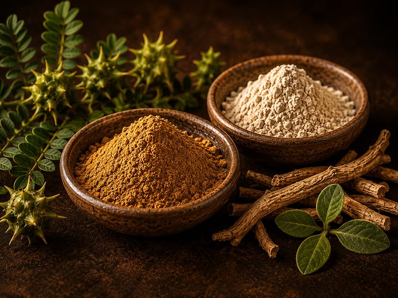 Cuencos con tribulus en polvo de planta entera junto a ramas de la planta