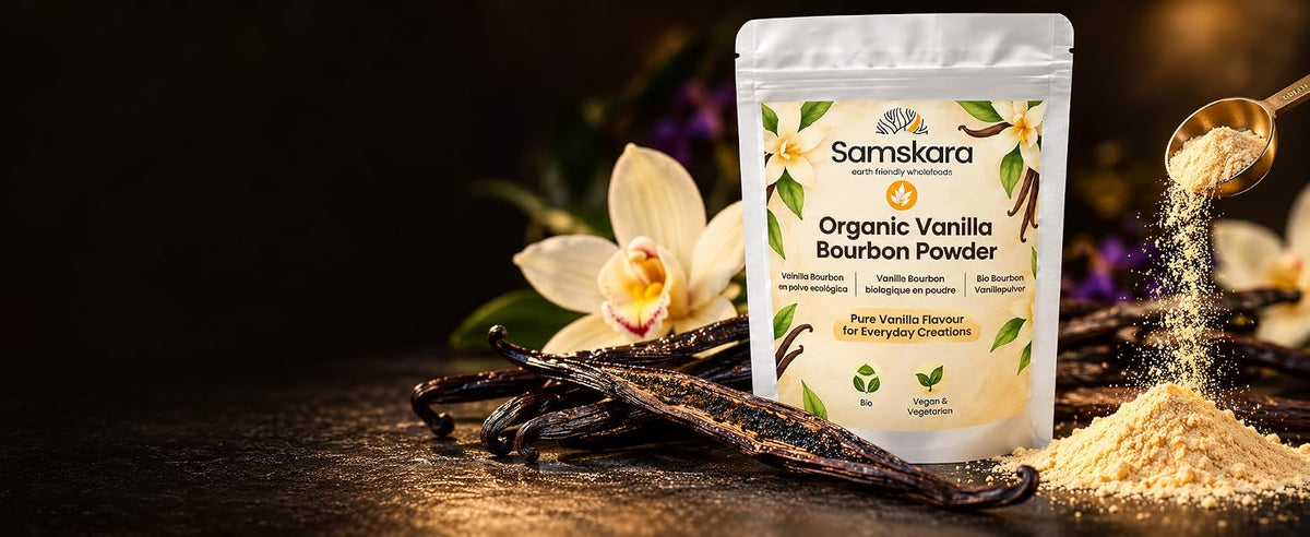 Vainilla Bourbon ecológica en polvo de Madagascar Samskara, vainilla real de la vaina