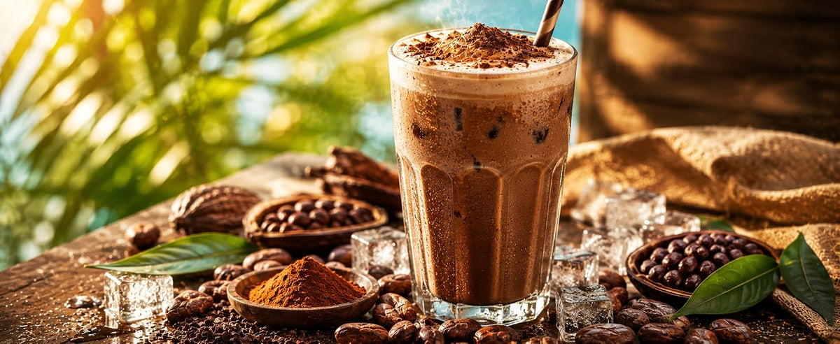 Vaso de frappé helado de cacao con hielo, granos de cacao y cacao en polvo sobre fondo tropical