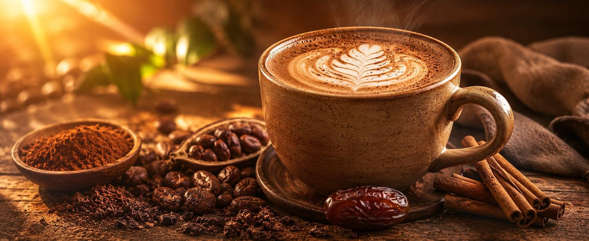 Taza de latte chocolatoso con arte de espuma, cacao en polvo, canela en rama y dátil sobre mesa de madera