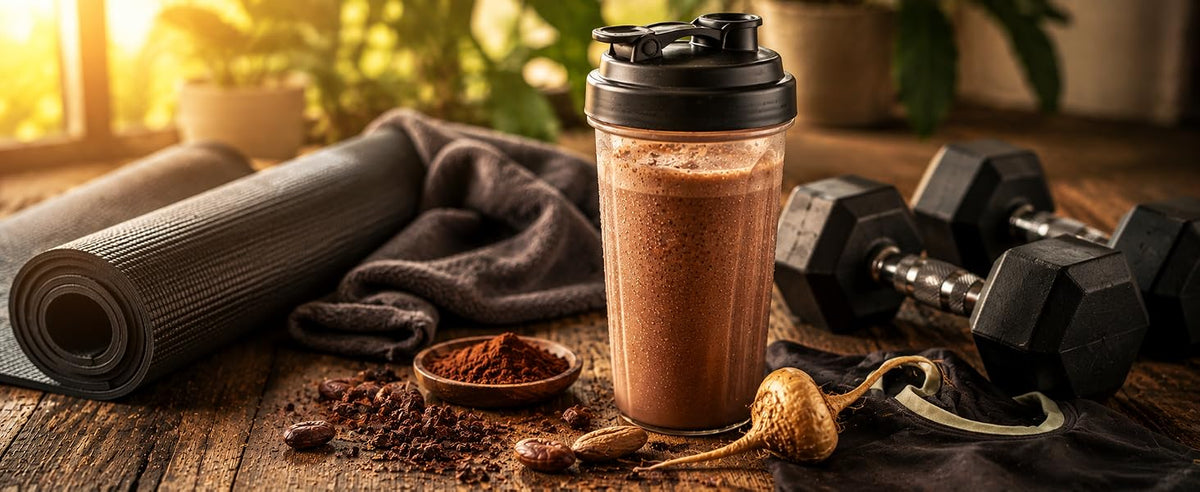Shaker con batido de cacao junto a mancuernas, esterilla y raíz de maca para un plan de entrenamiento