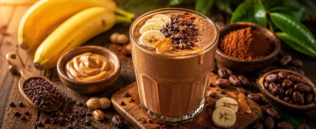 Smoothie chocolatoso de plátano y crema de cacahuete con cacao nibs, plátanos y cuenco de crema de cacahuete