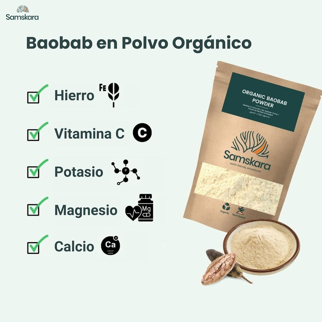 Baobab en Polvo BIO | Aporta un Toque Cítrico y Fibra a tus Bebidas | Superfruto Africano Natural | Samskara