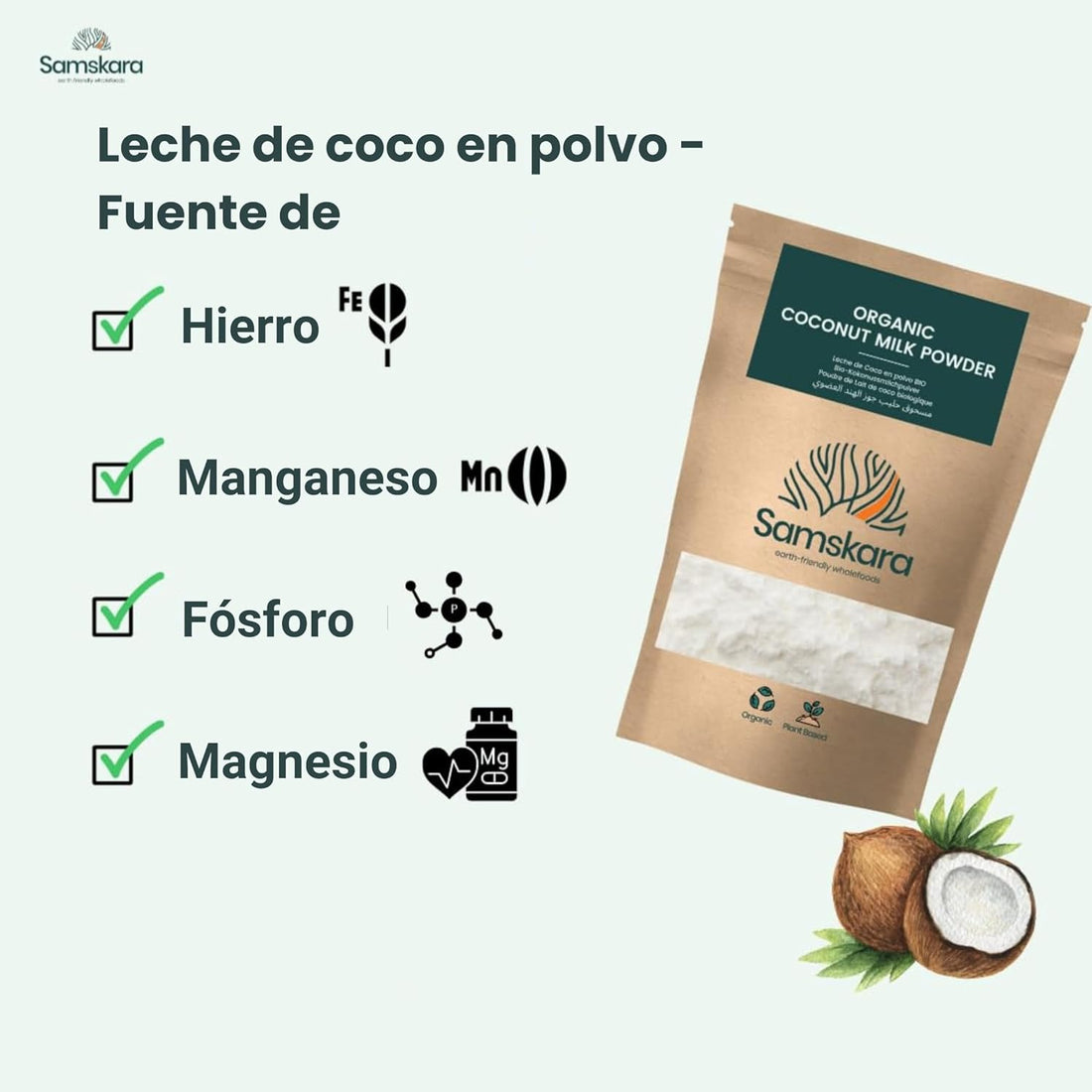 Leche de Coco en Polvo BIO | Prepara Curries, Cafés y Postres al Instante | Sabor Dulce y Cremoso | Samskara