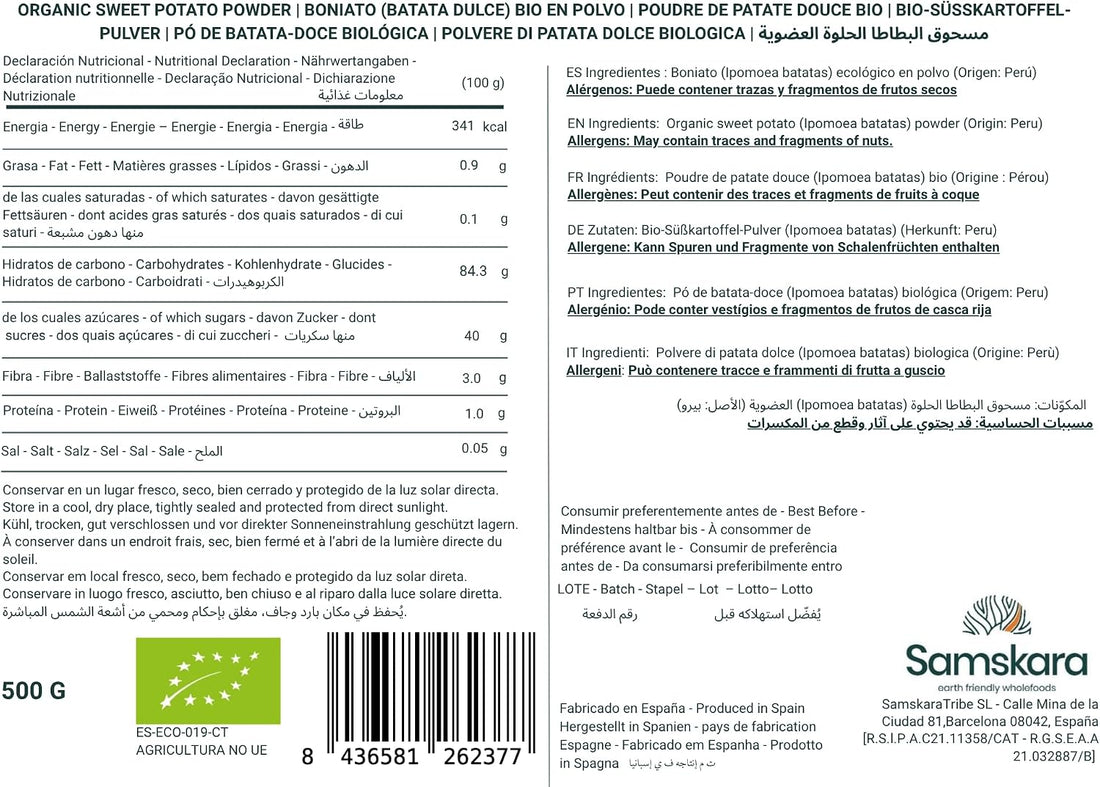 Boniato en Polvo BIO | Endulza Batidos y Repostería de Forma Natural | Fuente de Fibra y Vitamina A | Samskara