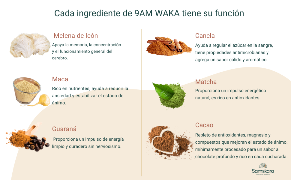 Waka 9 A.M BIO – 160 g | Empieza el Día con tu Latte Superfood | Melena de León, Matcha y Cafeína Natural | Samskara