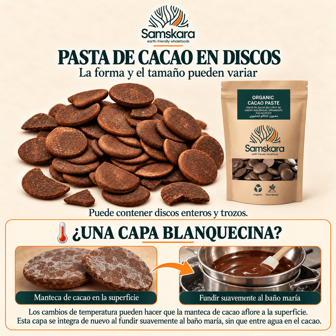 Pasta de Cacao Licor BIO – 1 kg | Elabora Chocolate Ceremonial y Casero | 100 % Cacao Crudo Puro | Samskara