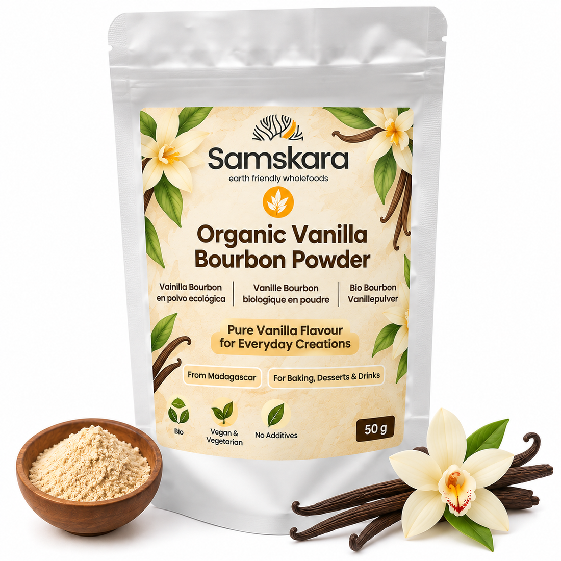 Samskara Vainilla Bourbon Ecológica en Polvo | 50g | Extracto de Vainilla de Madagascar | Vanilla Planifolia | Para Repostería, Postres, Café y Bebidas