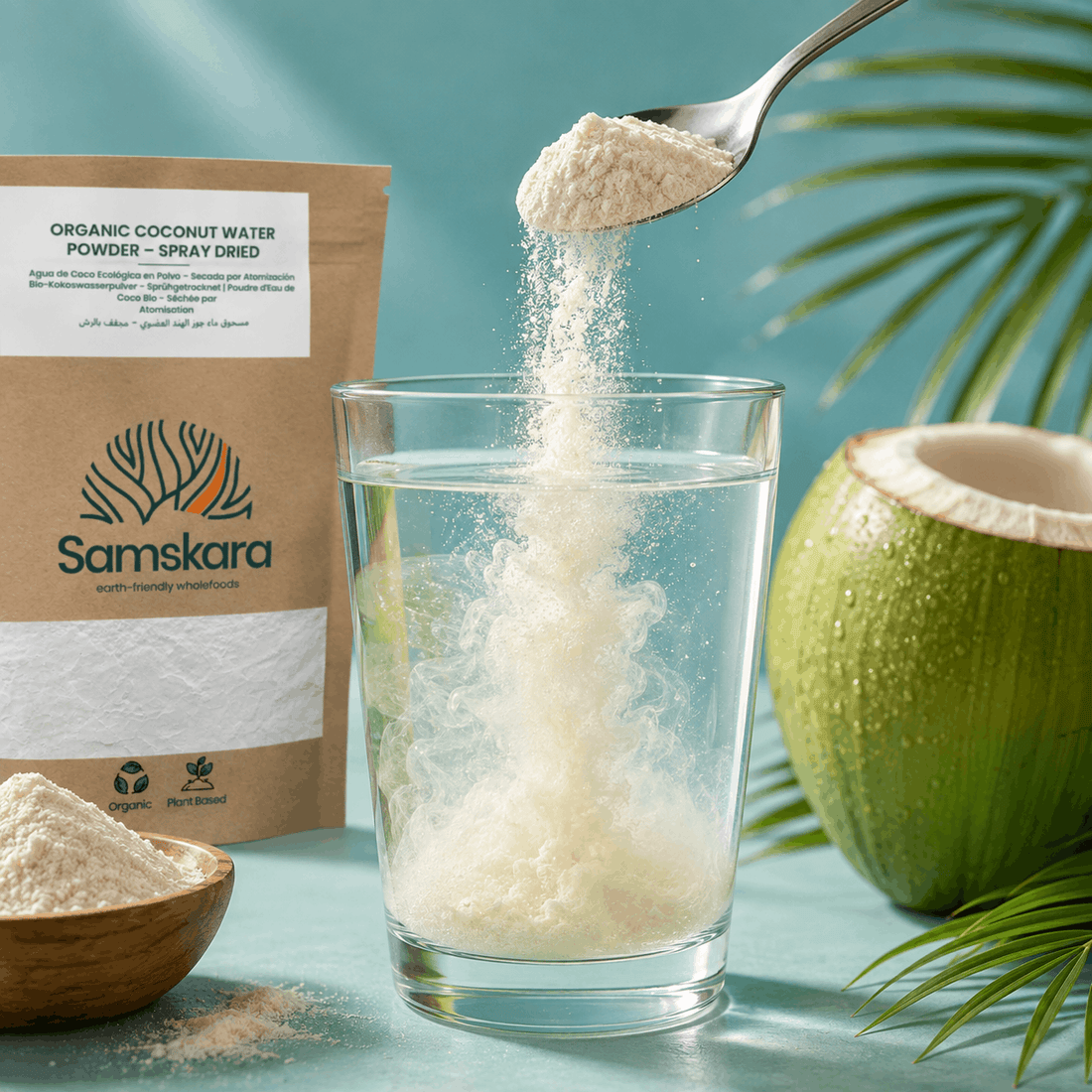 Samskara Agua de Coco en Polvo Ecológica | 250g | Secada por Atomización, 100% Pura, Polvo de Agua de Coco Ecológica de Sri Lanka, de Origen Vegetal y Vegana, para Smoothies, Bebidas y Recetas