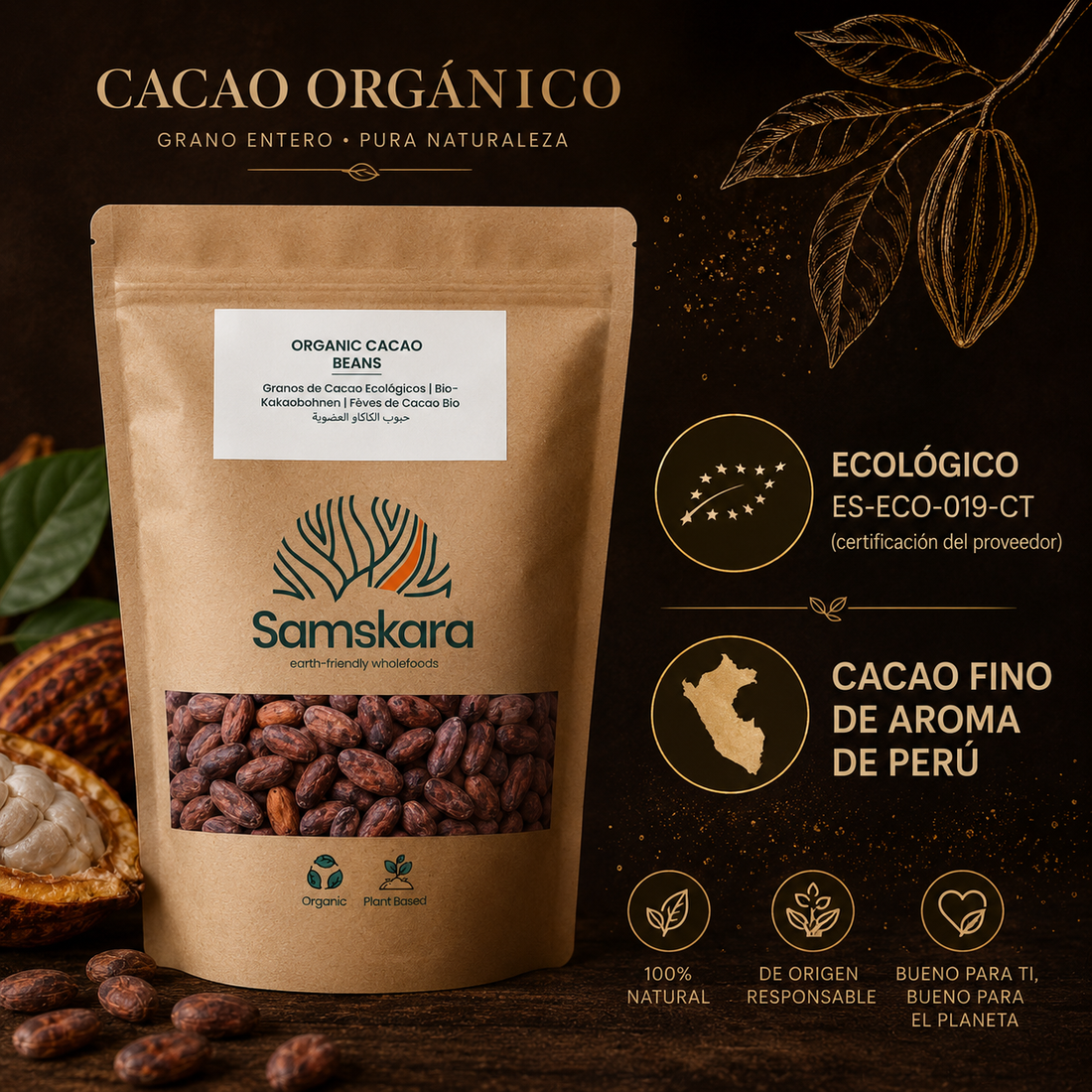 Samskara Granos de Cacao Orgánico Crudo | 250g | Cacao Natural Sin Tostar, Sin Azúcar ni Aditivos | Ideal para Chocolate, Repostería, Smoothies y Snacks