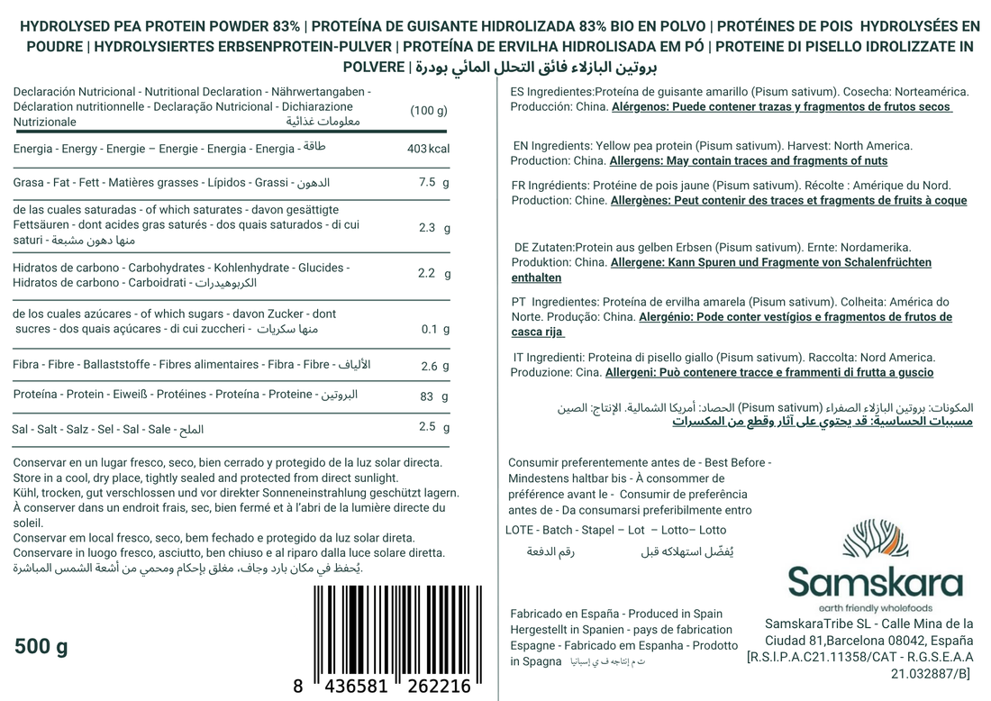 Proteína de Guisante Ultra Hidrolizada | Disuélvela Fácil, Sin Grumos | Rica en Aminoácidos Esenciales | Samskara