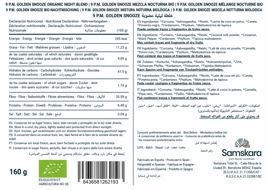 Golden Snooze 9 P.M BIO – 160 g | Termina el Día con tu Leche Dorada Especiada | Cúrcuma, Reishi y Ashwagandha | Samskara